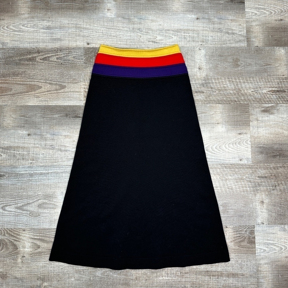 SONIA RYKIEL Black Knit A-Line Midi Skirt Women's Size XS Yellow/Red Waistband